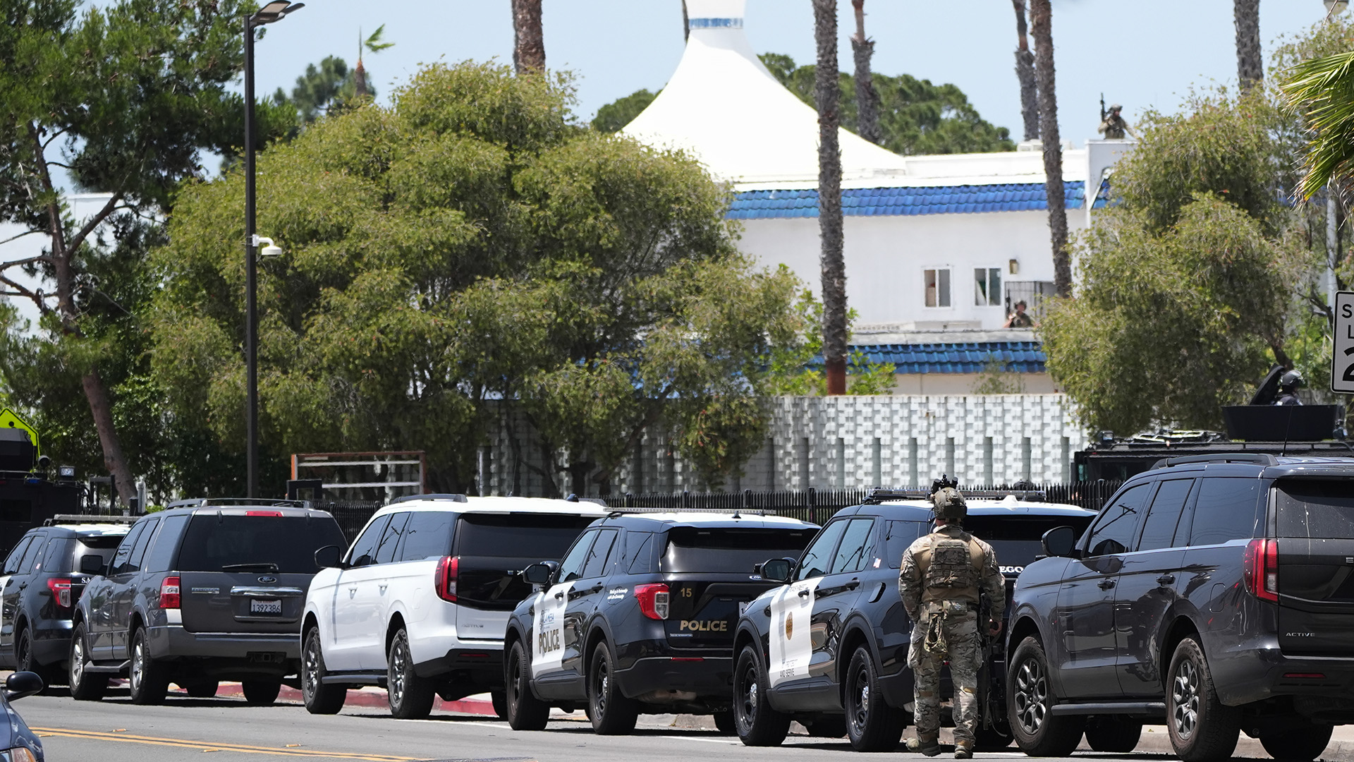 Police stage at the scene of a shooting outside the Islamic Center of San Diego Monday, May 18, 2026, in San Diego. 
